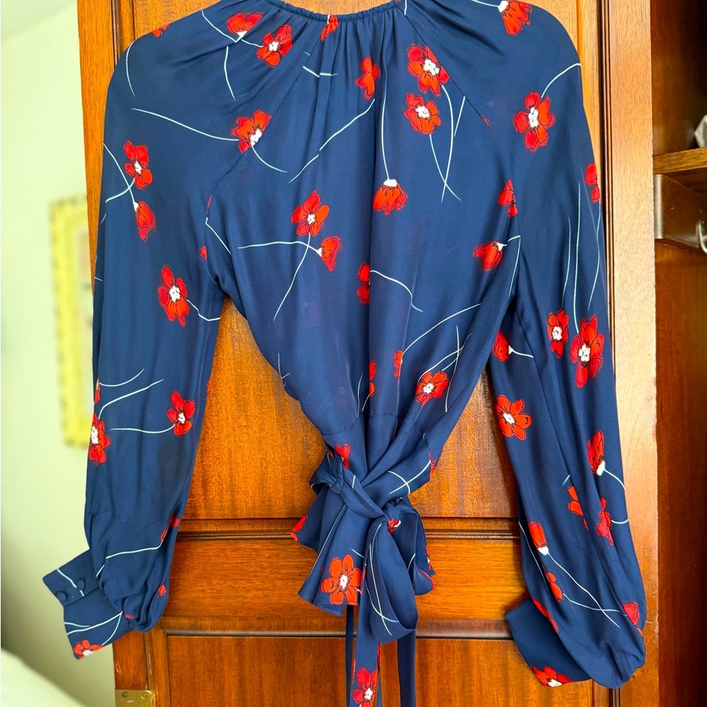 Floral Navy Blouse with Red Accents